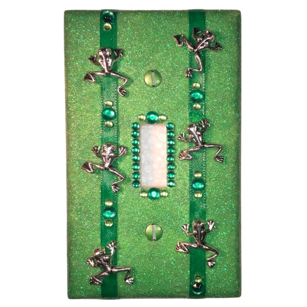 Hand Decorated Wall-plate Cover with Silver Frogs Green Glitter 3D Toggle Switch